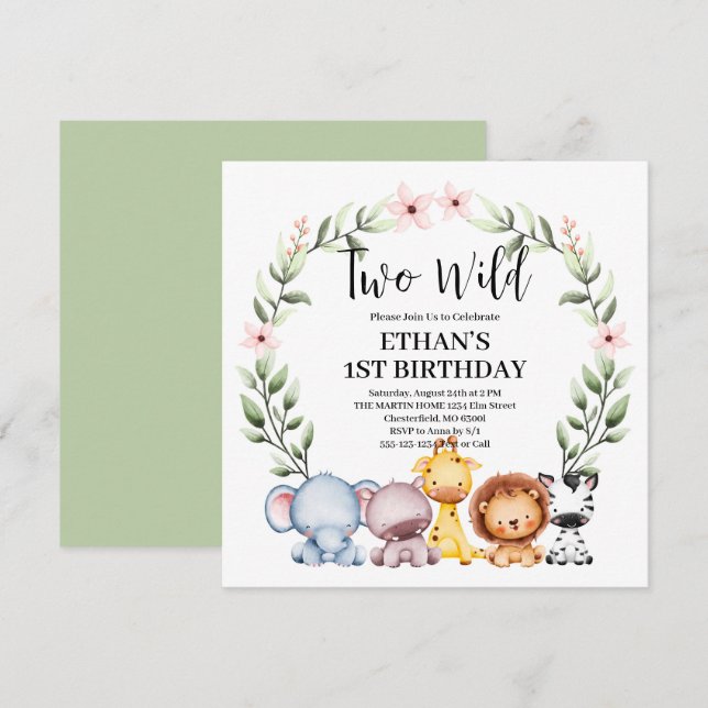 Invitation Deux animaux sauvages Safari Jungle 2e fête d'anni (Devant / Derrière)