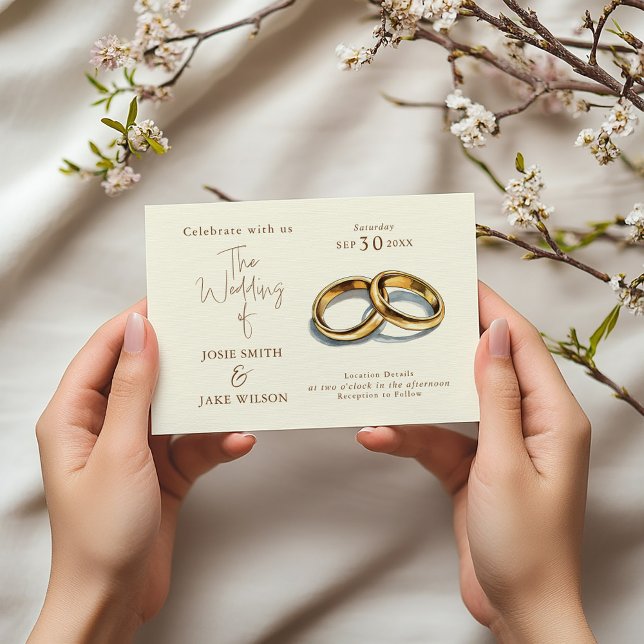 Invitation Deux anneaux de Mariage d'or mariage (Simple Wedding Invitation features a beautiful illustration of two gold wedding rings.)