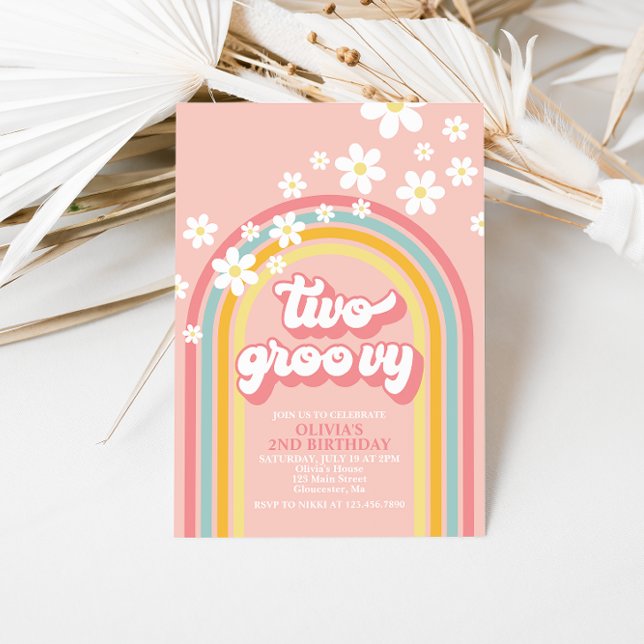 Invitation Deux Anniversaire Groovy Rétro Arc-en-ciel 2 ans (Créateur téléchargé)