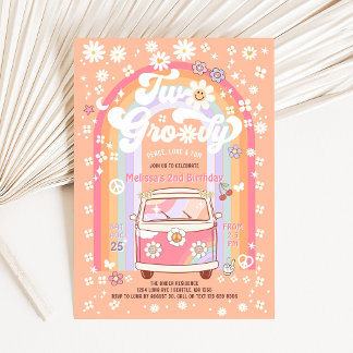 Invitation DEUX Anniversaire Groovy Van Daisy Hippie 70s 2ème