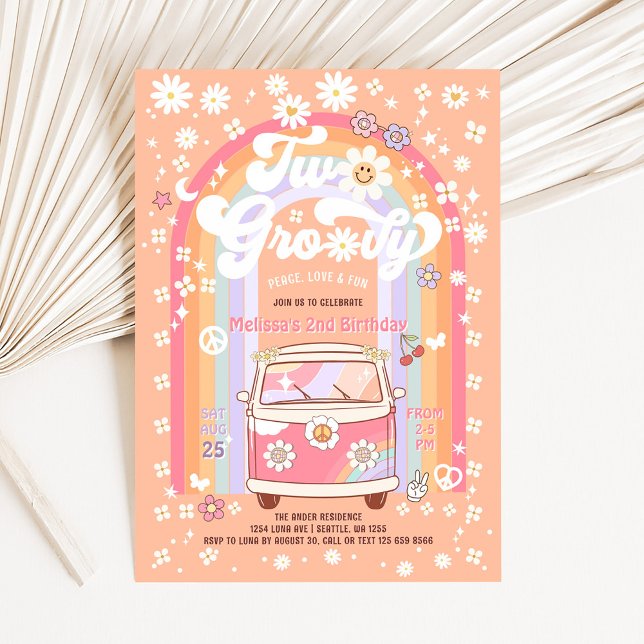 Invitation DEUX Anniversaire Groovy Van Daisy Hippie 70s 2ème (Créateur téléchargé)