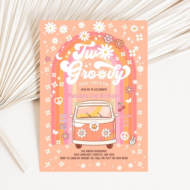 Invitation DEUX Anniversaire Groovy Van Daisy Hippie 70s 2ème (Créateur téléchargé)