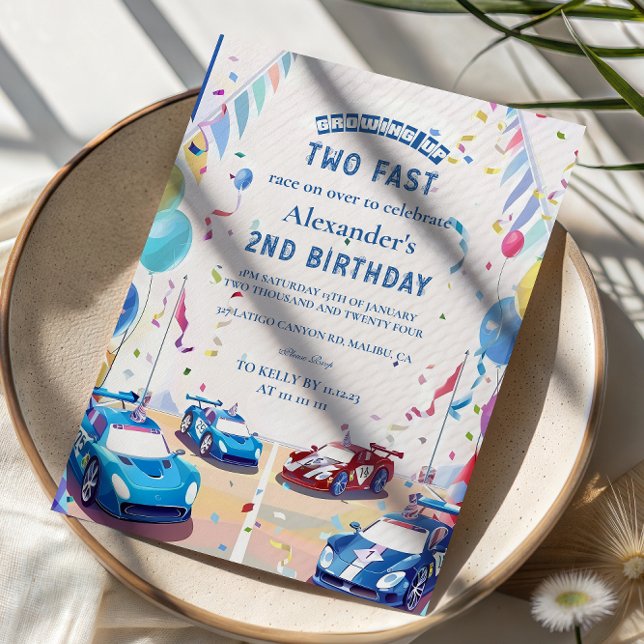 Invitation Deux Anniversaire Rapide Voiture de Course Bleue (Créateur téléchargé)