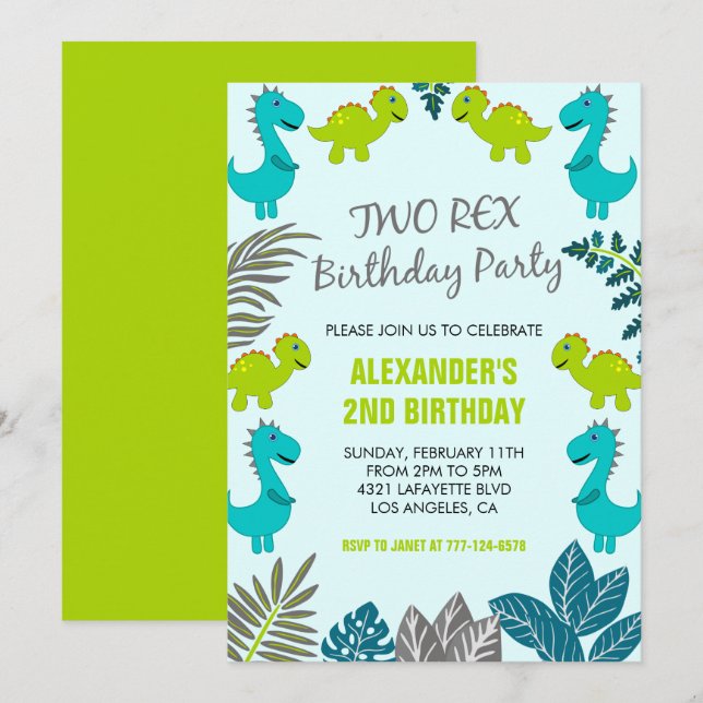 Invitation Deux anniversaire rex garçon 2ème thème dinosaure (Devant / Derrière)