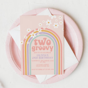 Invitation Deux arc-en-ciel pastel groovy pour un 2ème annive