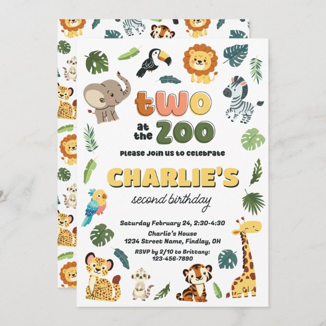 Invitation Deux au Zoo Animal Safari fête d'anniversaire (Devant / Derrière)