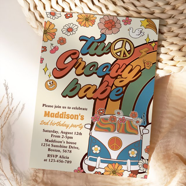 Invitation Deux Babe Retro Super Rainbow 2e fête d'anniversai (Créateur téléchargé)