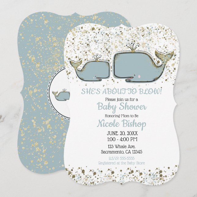 Invitation Deux baleines de mer Baby shower Boutique Blue & G (Devant / Derrière)
