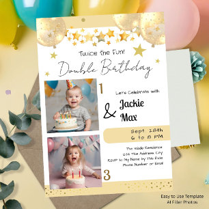 Invitation Deux ballons d'anniversaire doubles en or pour deu