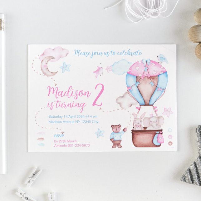 Invitation Deux Beaux Animaux Balloon Anniversaire (Créateur téléchargé)