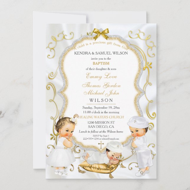 Invitation Deux bébés garçons et fille Baptême Christening Or (Devant)