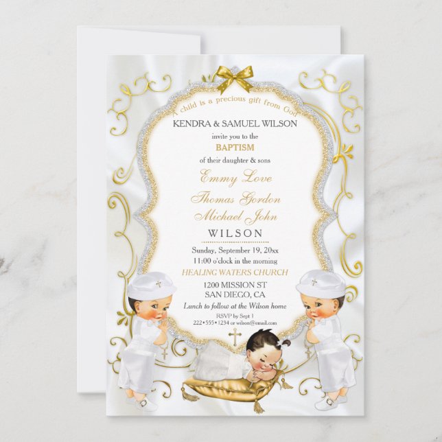 Invitation Deux bébés garçons & fille Baptême Christening Inv (Devant)