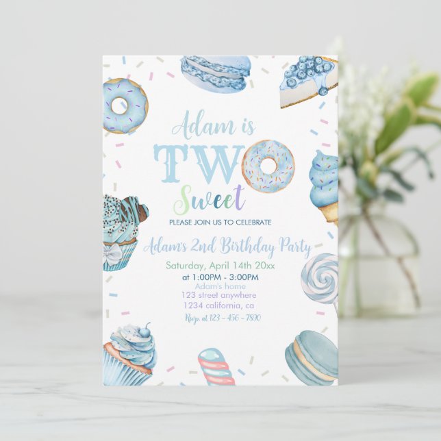 Invitation Deux beignets doux Donut Blue Desserts 2e annivers (Debout devant)