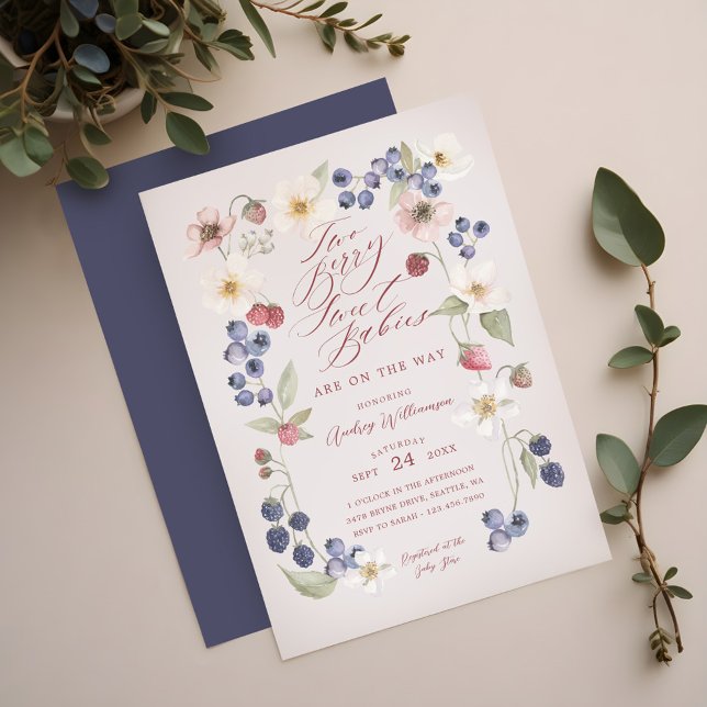Invitation Deux Berry Sweet Babies Berries & Fleurs Douche (Two Berry Sweet Babies Berries & Flowers Shower Invitation)