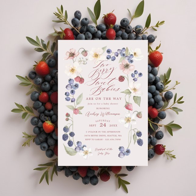Invitation Deux Berry Sweet Babies Berries & Fleurs Douche (Two Berry Sweet Babies Berries & Flowers Shower Invitation)