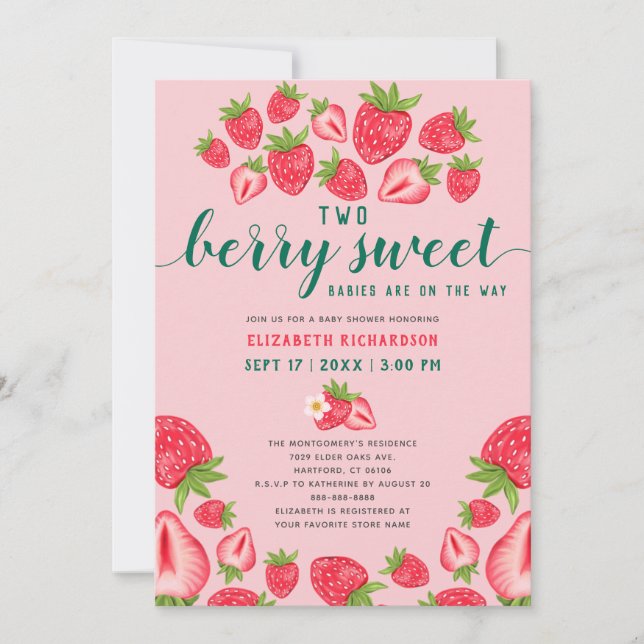 Invitation Deux Berry Sweet Baby Baby shower Twin Strawberry (Devant)