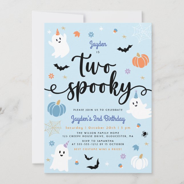 Invitation Deux Blue Éffrayant Halloween Cute Ghost 2e annive (Devant)