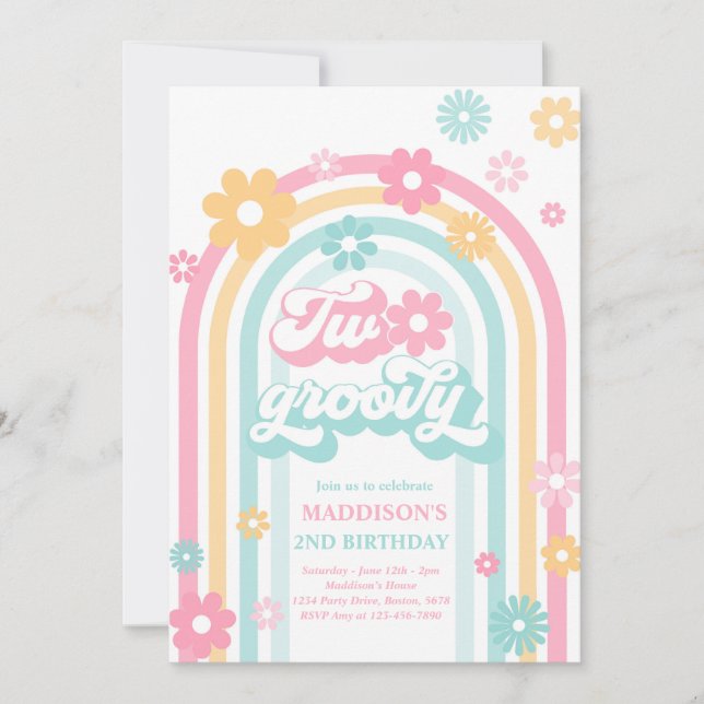 Invitation Deux Boho Daisy Super Rainbow 2e fête d'anniversai (Devant)