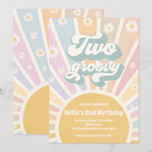 Invitation Deux Boho Super Sunshine Daisy 2e fête d'anniversa (Devant / Derrière)