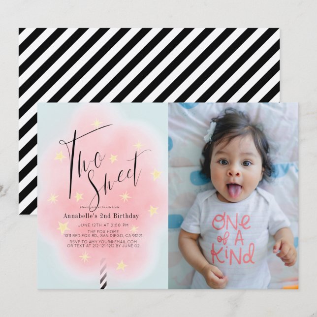 Invitation Deux bonbons en coton rose doux 2e anniversaire Ph (Devant / Derrière)