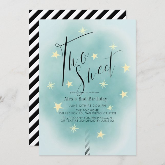 Invitation Deux bonbons Turquoises en coton doux garçon 2e an (Devant / Derrière)