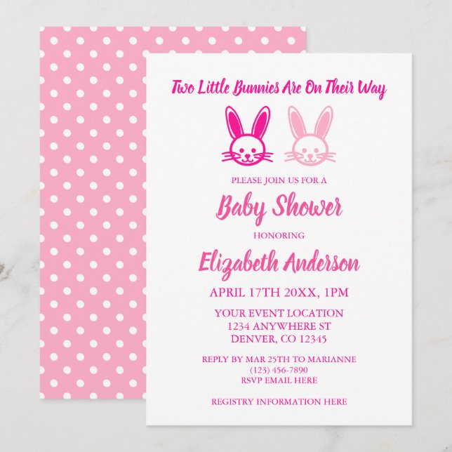 Invitation Deux Bunnies Doux Baby shower Twin Girls (Devant / Derrière)