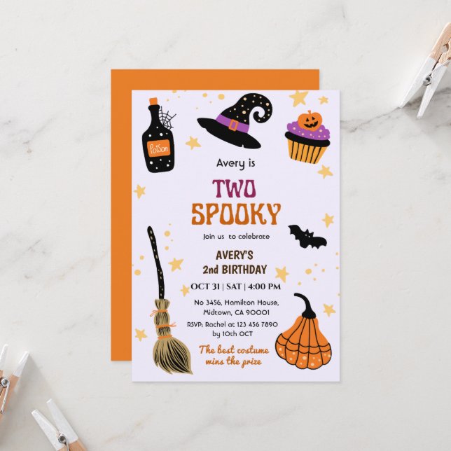 Invitation Deux chapeau de sorcière effrayant balai Halloween (Devant/Arrière en situation)