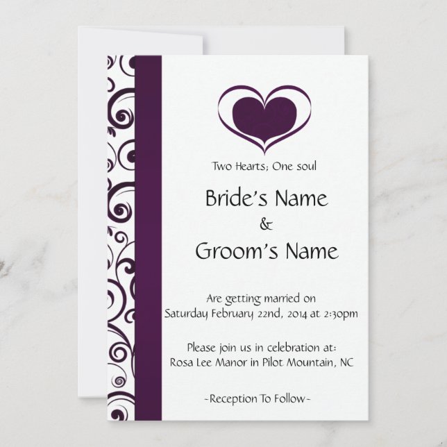 Invitation Deux Coeurs Mariage Floral Violet (Devant)
