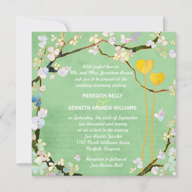 Invitation Deux Coeurs Rustique Mariage vert Pistache (Devant)