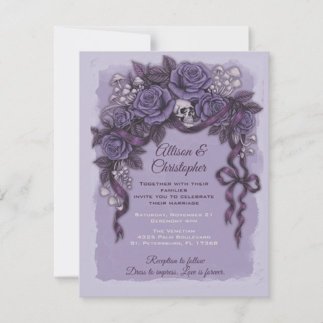 Invitation Deux cœurs un amour, mariage gothique violet (Devant)