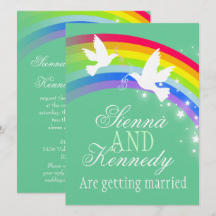 Invitation Deux colombes blanches arc-en-ciel mariage vert co