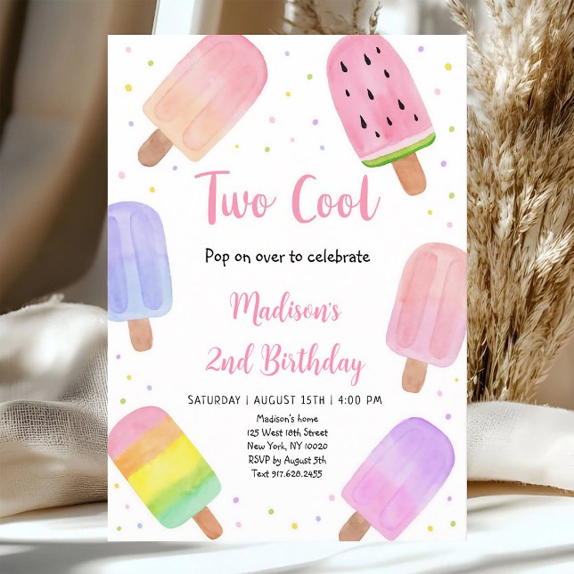Invitation Deux Cool Anniversaire Deuxième Popsicle Rose (Créateur téléchargé)