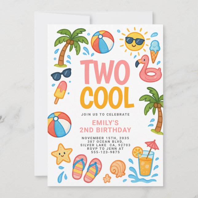 Invitation Deux Cool Beach Tropical 2e fête d'anniversaire (Devant)