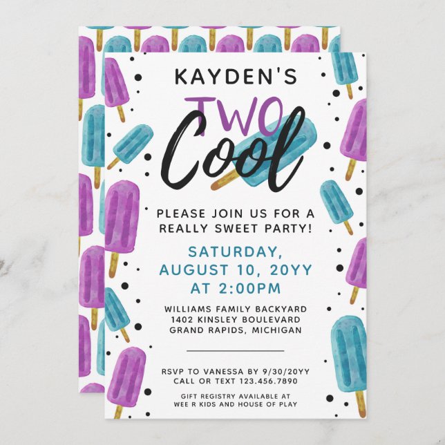 Invitation DEUX COOL Kid's 2nd Birthday Summer Ice Pop Party (Devant / Derrière)