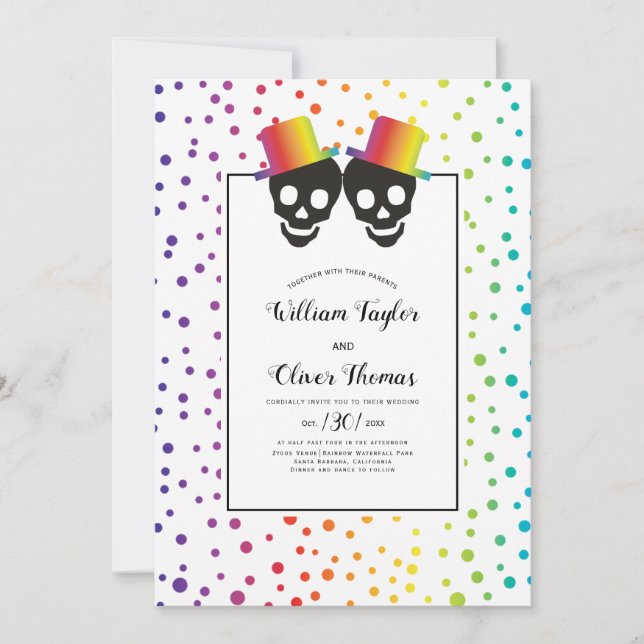 Invitation Deux crânes de marié et confetti mariage gay (Devant)