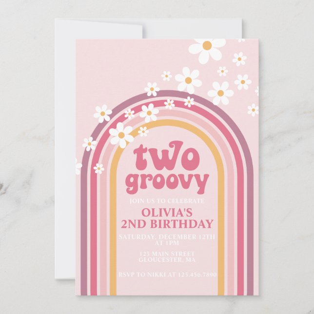 Invitation Deux daisy boho floraux arc-en-ciel groovy 2ème an (Devant)