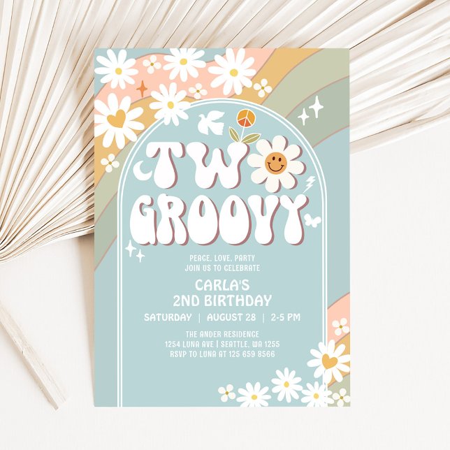 Invitation Deux Daisy Hippie Groovy 2ème Anniversaire Rétro (Créateur téléchargé)