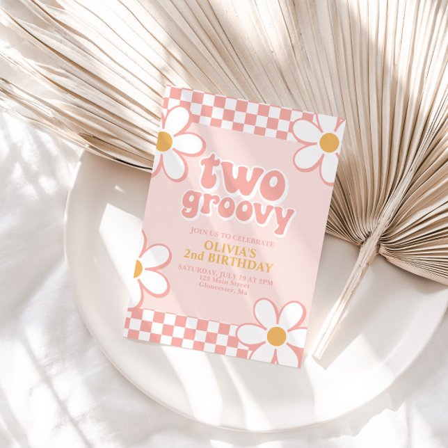 Invitation Deux Daisy Rose à carreaux Rétro Groovy (Créateur téléchargé)