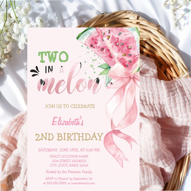Invitation Deux Dans Un Melon Pastèque Arc Rose 2ème Annivers (Créateur téléchargé)