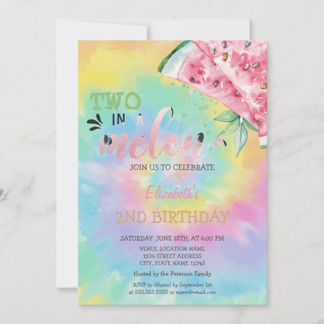 Invitation Deux Dans Un Melon Pastèque Tie-Dye 2ème Anniversa (Devant)