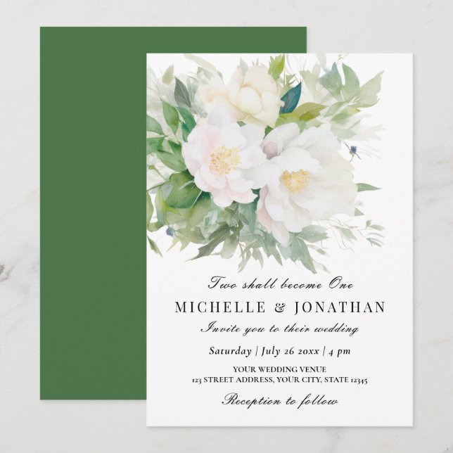 Invitation Deux Deviendront Un Élégant Mariage Floral Blanc (Devant / Derrière)