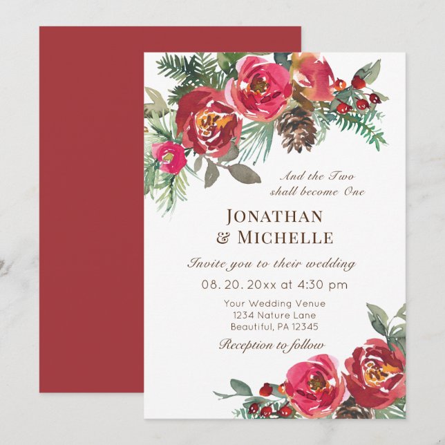 Invitation Deux deviennent un hiver Red Roses Mariage chrétie (Devant / Derrière)