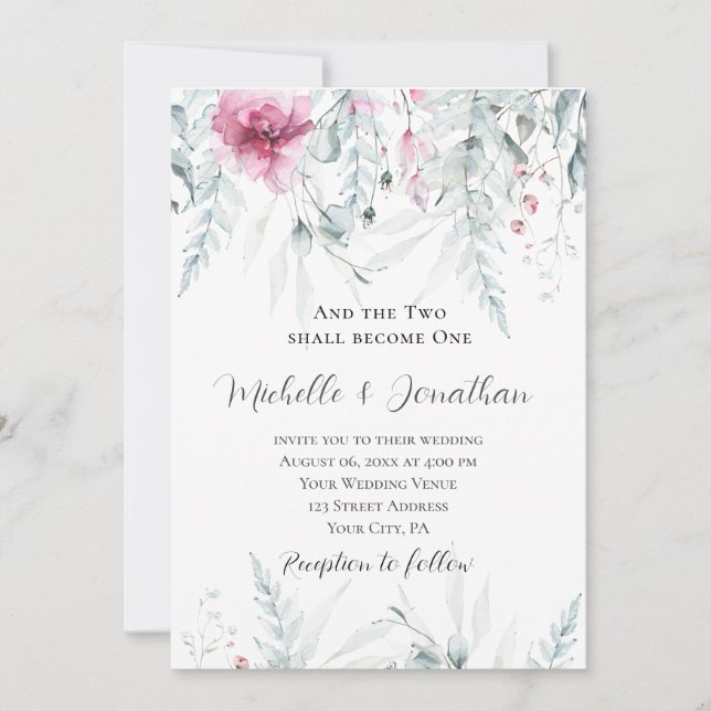 Invitation Deux deviennent un rose floral Bible Mariage chrét (Devant)