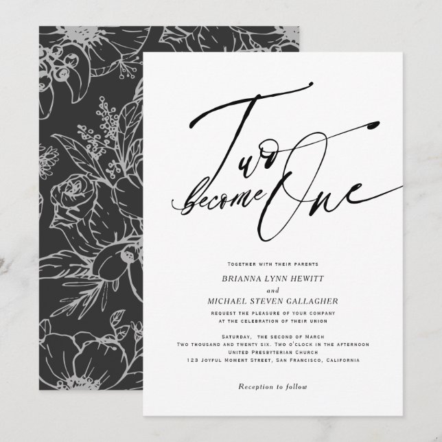 Invitation Deux deviennent une Calligraphie moderne noir et b (Devant / Derrière)