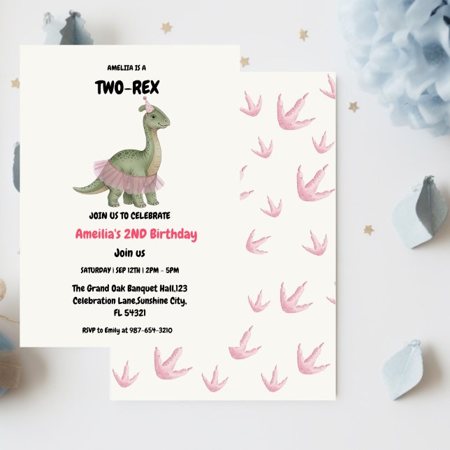Invitation Deux dinosaures Rex Ready, fille Deuxième fête d'a (Créateur téléchargé)