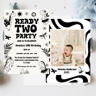 Invitation Deux dinosaures Rex Ready, fille Deuxième fête d'a