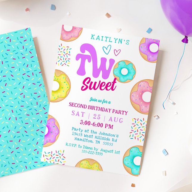 Invitation Deux Douce Anniversaire Gâteau avec Deuxième Fête  (Two Sweet Sprinkle Doughnut Second Birthday Party Invitation)
