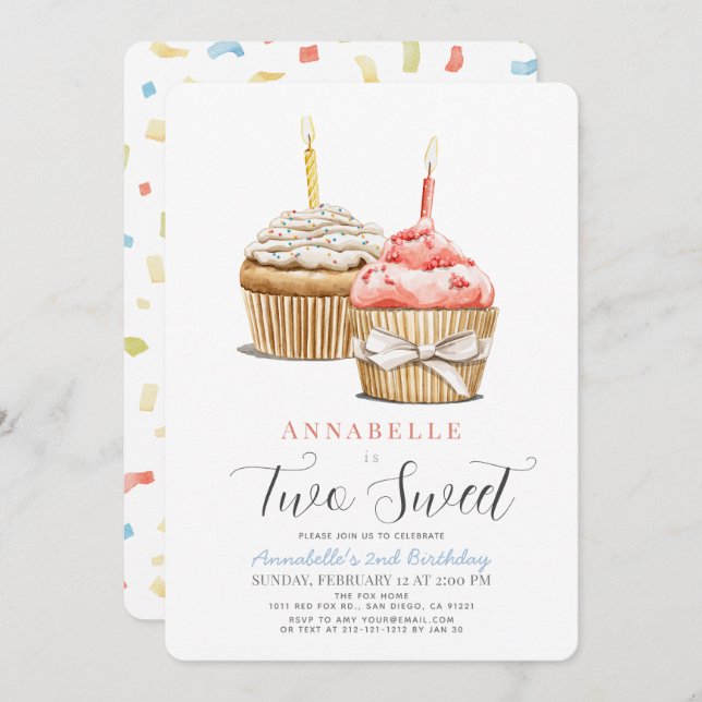 Invitation Deux douce fille Cupcake 2e anniversaire (Devant / Derrière)