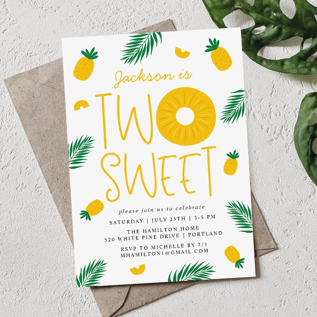 Invitation Deux Douces Fête d'anniversaire de 2 ans d'ananas (Créateur téléchargé)
