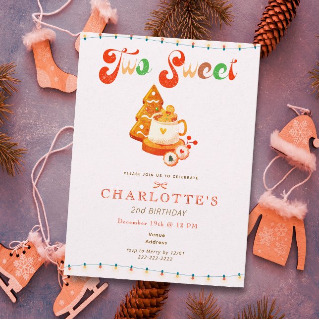 Invitation Deux Douces Filles Noël Cookie Cocoa 2ème Annivers (Two Sweet Girl Christmas Cookie Cocoa 2nd Birthday Invitation)